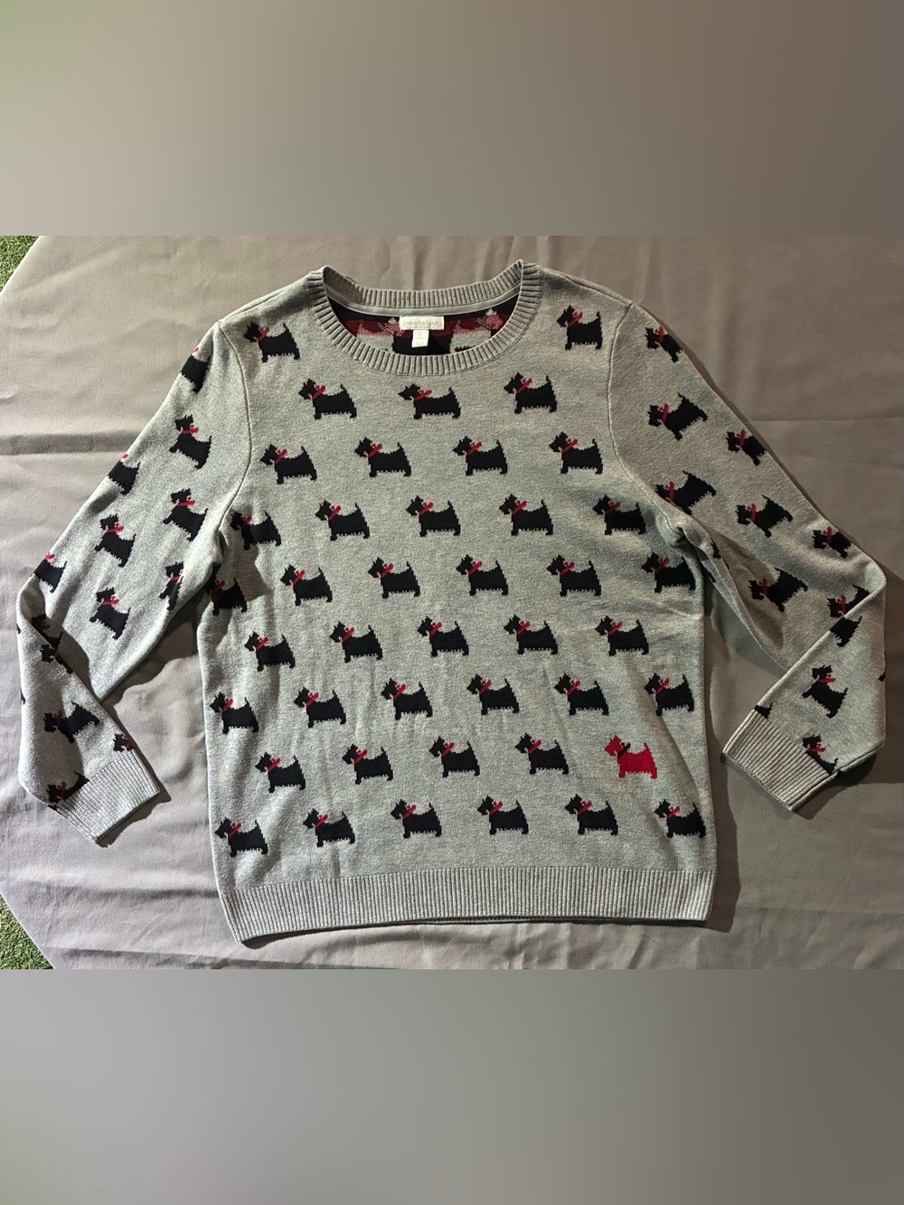 Charter Club Gray Sweater with Black & Red Scottie Dog Pattern